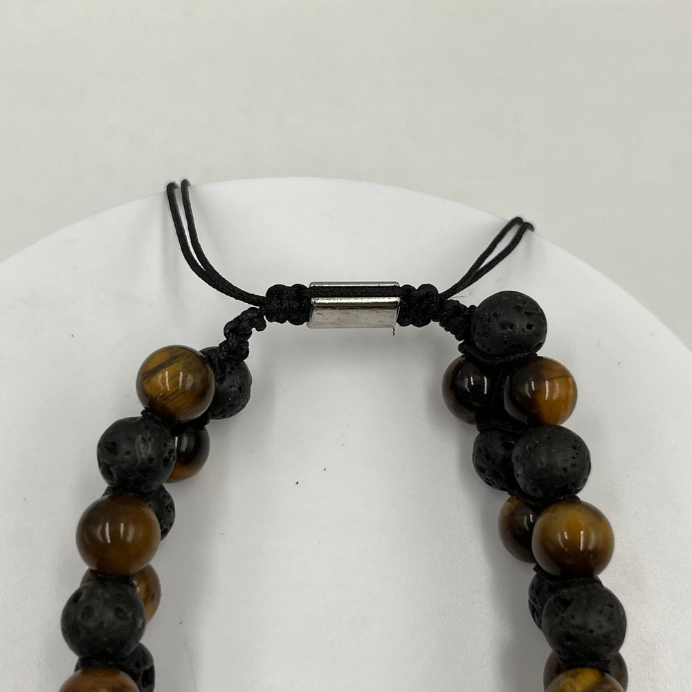 Vintage Natural Tiger's Eye & Lava Rock Bracelet Double Strand Cord Stone Boho - Picture 4 of 9